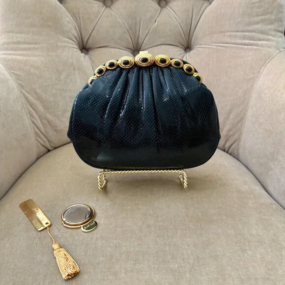 VTG Auth JUDITH LEIBER Genuine Karung Lizard Black Convertible Minaudiere Bag - Picture 3 of 9